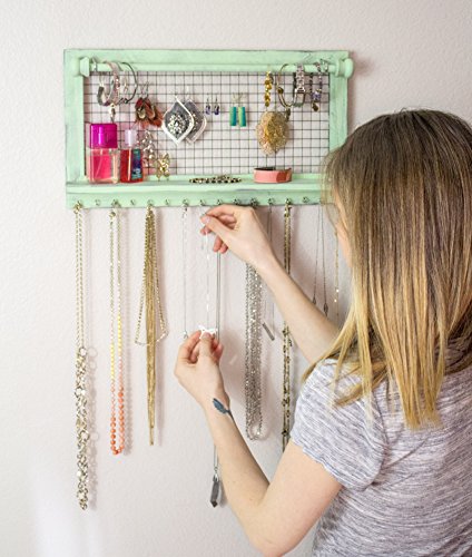 SoCal Buttercup Shabby Chic Jewelry Organizer with Removable Bracelet Rod from Wooden Wall Mounted Holder for Earrings Necklaces Bracelets and Other Accessories