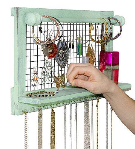 SoCal Buttercup Shabby Chic Jewelry Organizer with Removable Bracelet Rod from Wooden Wall Mounted Holder for Earrings Necklaces Bracelets and Other Accessories