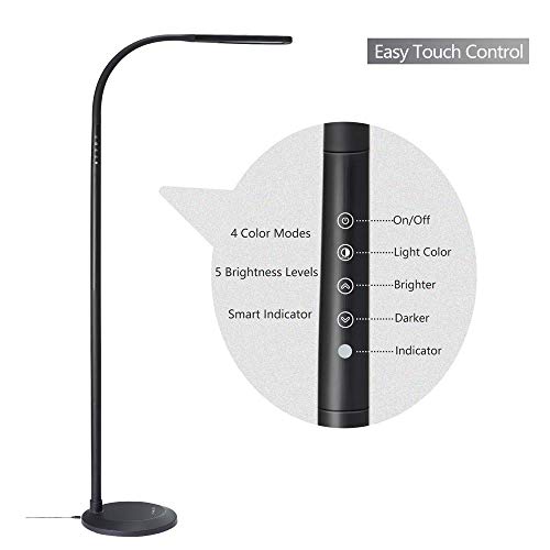 PHIVE LED Floor Lamp for Reading, Dimmable Gooseneck Standing Lamp (4 Color Modes, 5-Level Dimmer, 12W, Memory Function, Touch Control Floor Light for Living Room, Bedroom, Office) Black