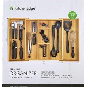 KitchenEdge Adjustable Kitchen Drawer Organizer for Utensils and Junk, Expandable to 28 Inches Wide, 9 Compartments, 100% Bamboo