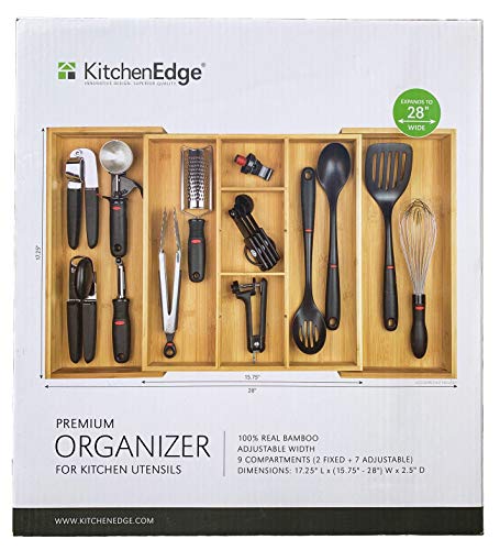 KitchenEdge Adjustable Kitchen Drawer Organizer for Utensils and Junk, Expandable to 28 Inches Wide, 9 Compartments, 100% Bamboo