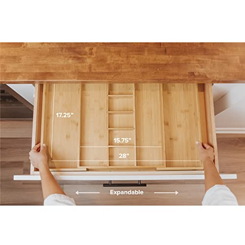 KitchenEdge Adjustable Kitchen Drawer Organizer for Utensils and Junk, Expandable to 28 Inches Wide, 9 Compartments, 100% Bamboo