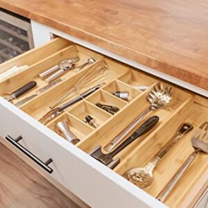 KitchenEdge Adjustable Kitchen Drawer Organizer for Utensils and Junk, Expandable to 28 Inches Wide, 9 Compartments, 100% Bamboo