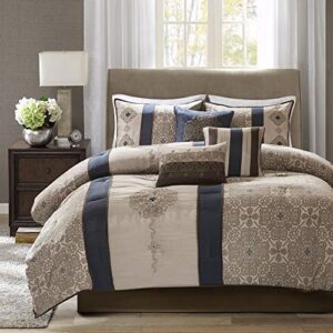 madison park comforter faux silk-traditional luxurious jacquard design all season set, matching bed skirt, decorative pillows, king(104"x92"), navy 7 piece