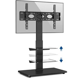 Rfiver Swivel Floor TV Stand with Mount, Wood Base and 2 Flexible Media Shelves for 40 43 49 50 55 60 65 70 75 77 Inch Flat Screens/Curved TVs, Height Adjustable Corner TV Stand for Bedroom and Office