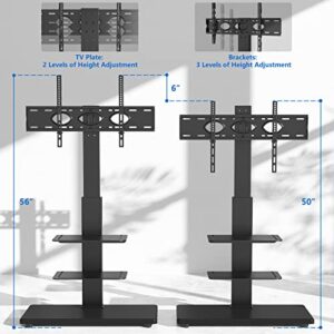 Rfiver Swivel Floor TV Stand with Mount, Wood Base and 2 Flexible Media Shelves for 40 43 49 50 55 60 65 70 75 77 Inch Flat Screens/Curved TVs, Height Adjustable Corner TV Stand for Bedroom and Office