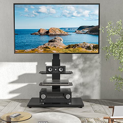 Rfiver Swivel Floor TV Stand with Mount, Wood Base and 2 Flexible Media Shelves for 40 43 49 50 55 60 65 70 75 77 Inch Flat Screens/Curved TVs, Height Adjustable Corner TV Stand for Bedroom and Office