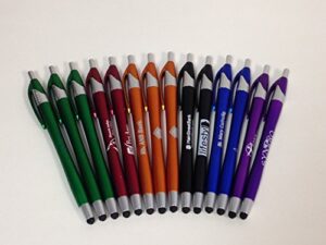 14 lot misprint ink pens with soft tip touch screen stylus, thin assorted barrel