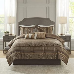 madison park bellagio cozy comforter set - luxurious jaquard traditional damask design, all season down alternative bedding with matching shams, decorative pillow, king(104"x92"), brown/gold 7 piece