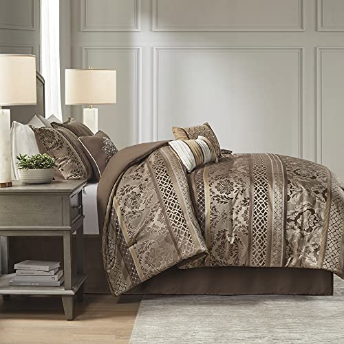 Madison Park Bellagio Cozy Comforter Set - Luxurious Jaquard Traditional Damask Design, All Season Down Alternative Bedding with Matching Shams, Decorative Pillow, King(104"x92"), Brown/Gold 7 Piece