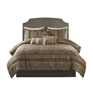 Madison Park Bellagio Cozy Comforter Set - Luxurious Jaquard Traditional Damask Design, All Season Down Alternative Bedding with Matching Shams, Decorative Pillow, King(104"x92"), Brown/Gold 7 Piece