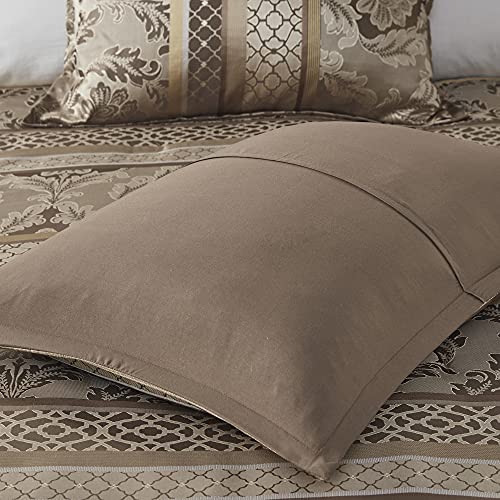 Madison Park Bellagio Cozy Comforter Set - Luxurious Jaquard Traditional Damask Design, All Season Down Alternative Bedding with Matching Shams, Decorative Pillow, King(104"x92"), Brown/Gold 7 Piece