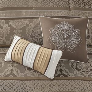 Madison Park Bellagio Cozy Comforter Set - Luxurious Jaquard Traditional Damask Design, All Season Down Alternative Bedding with Matching Shams, Decorative Pillow, King(104"x92"), Brown/Gold 7 Piece