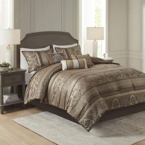 Madison Park Bellagio Cozy Comforter Set - Luxurious Jaquard Traditional Damask Design, All Season Down Alternative Bedding with Matching Shams, Decorative Pillow, King(104"x92"), Brown/Gold 7 Piece