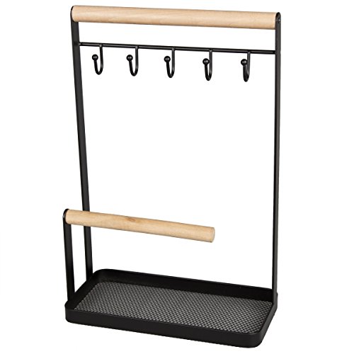 Creative Home Metal 2-Tier Jewelry Tree Stand Hanger Storage Organizer with Black Powder Coating Acacia Wood Hanger Bar for Necklaces Bracelets Earrings Watches Jewelry Display, 4" x 7.9" x 12" H