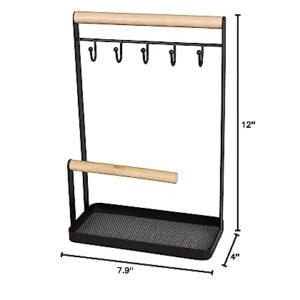 Creative Home Metal 2-Tier Jewelry Tree Stand Hanger Storage Organizer with Black Powder Coating Acacia Wood Hanger Bar for Necklaces Bracelets Earrings Watches Jewelry Display, 4" x 7.9" x 12" H