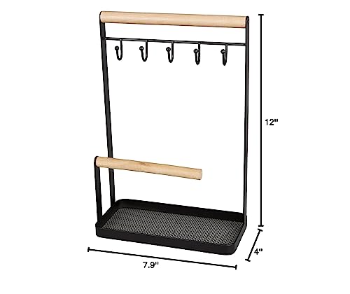 Creative Home Metal 2-Tier Jewelry Tree Stand Hanger Storage Organizer with Black Powder Coating Acacia Wood Hanger Bar for Necklaces Bracelets Earrings Watches Jewelry Display, 4" x 7.9" x 12" H