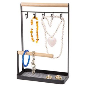 Creative Home Metal 2-Tier Jewelry Tree Stand Hanger Storage Organizer with Black Powder Coating Acacia Wood Hanger Bar for Necklaces Bracelets Earrings Watches Jewelry Display, 4" x 7.9" x 12" H