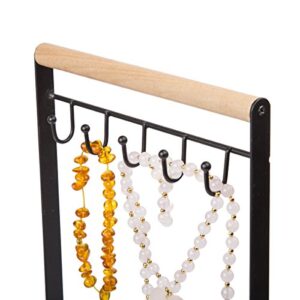 Creative Home Metal 2-Tier Jewelry Tree Stand Hanger Storage Organizer with Black Powder Coating Acacia Wood Hanger Bar for Necklaces Bracelets Earrings Watches Jewelry Display, 4" x 7.9" x 12" H