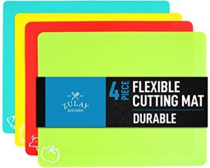 zulay kitchen plastic cutting boards for kitchen - quality thin cutting mat set 4 color - flexible & perfect for chopping meats, vegetables, beef, fish, chicken - food icons - extra large