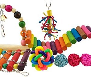 Set of 10 Colorful Pet Toy Wooded Swing Handmade Rattan Chewing Toy Chasing Toy with Bell Rainbow Plank Road for Polly Parrot Bird Hamster Squirrel Toy