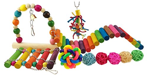 Set of 10 Colorful Pet Toy Wooded Swing Handmade Rattan Chewing Toy Chasing Toy with Bell Rainbow Plank Road for Polly Parrot Bird Hamster Squirrel Toy