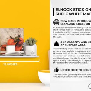 eLhook Made in USA White Stick-On Removable Adhesive Floating Wall Shelf Durable Textured ABS Injection Molded Plastic with Lipped Edges | Designed for Stick-On Adhesives or Screws