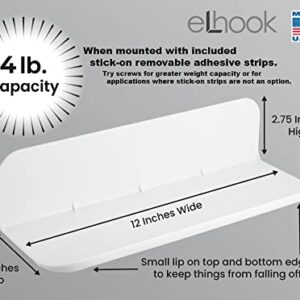 eLhook Made in USA White Stick-On Removable Adhesive Floating Wall Shelf Durable Textured ABS Injection Molded Plastic with Lipped Edges | Designed for Stick-On Adhesives or Screws
