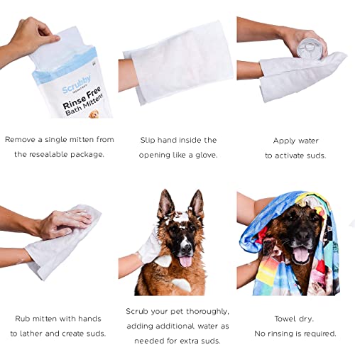 Scrubby Pet No Rinse Pet Wipes, Rinse Free Shampoo Mittens for Dogs and Cats, Bath Wipes for Bathing and Washing Pets, Hypoallergenic No Rinse Wash Mitt for Grooming, Lather Wipe Dry