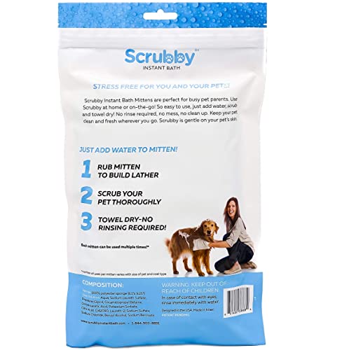 Scrubby Pet No Rinse Pet Wipes, Rinse Free Shampoo Mittens for Dogs and Cats, Bath Wipes for Bathing and Washing Pets, Hypoallergenic No Rinse Wash Mitt for Grooming, Lather Wipe Dry
