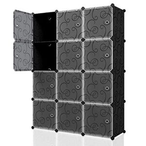 kousi portable cube storage - 14"x14" cube wire cube organizer storage organizer clothes storage storage shelves shelf for clothes plastic dresser storage cubes, black (3x4 cubes)