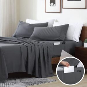 swift home smart sheets, ultra soft brushed microfiber 4-piece sheet set, fitted bed sheet with side storage pockets – grey, queen