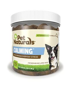 pet naturals calming for medium and large dogs, 30 chicken flavored chews - works in 30 minutes, anxiety relief for dogs, vet recommended