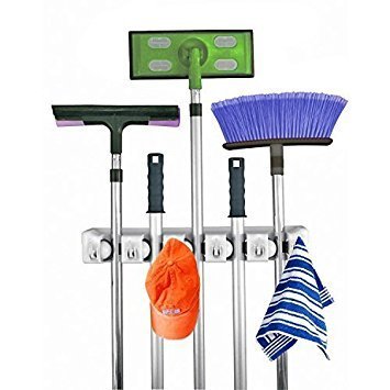 Mop and Broom Holder, 5 Position with 6 Hooks Garage Storage Holds up to 11 Tools, Storage Solutions for Broom Holders and Garage Storage Systems Broom Organizer for Garage Shelving Ideas