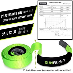 Sunferno Recovery Tow Strap 35000lb - Recover Your Vehicle Stuck in Mud/Snow - Heavy Duty 3" x 20' Winch Snatch Strap - Protective Loops, Water-Resistant - Off Road Truck Accessory - Storage Bag