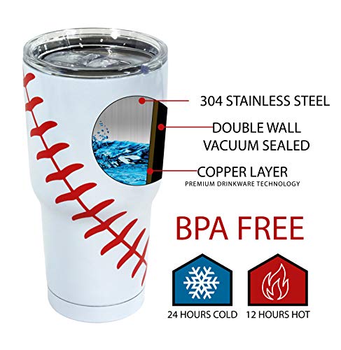 Urbanifi Baseball Tumbler 30 oz Cup with Straw, Lid, and Cleaner Gift for Mom Men Sports Travel Coffee Mug, Stainless Steel, Insulated, Powder Coat Paint Protection, Keep Drinks Cold and Hot