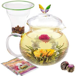 teabloom wings of love teapot - 40 oz. borosilicate glass butterfly teapot, loose leaf tea glass infuser - 2 free blooming tea flowers included