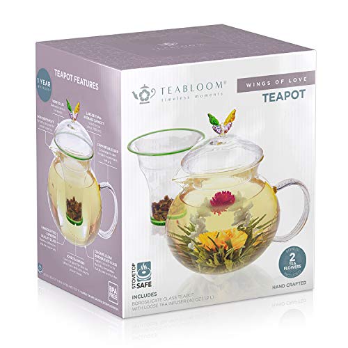 Teabloom Wings of Love Teapot - 40 oz. Borosilicate Glass Butterfly Teapot, Loose Leaf Tea Glass Infuser - 2 Free Blooming Tea Flowers included