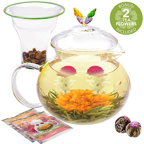 Teabloom Wings of Love Teapot - 40 oz. Borosilicate Glass Butterfly Teapot, Loose Leaf Tea Glass Infuser - 2 Free Blooming Tea Flowers included