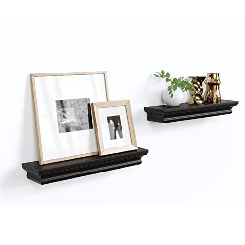 Ballucci Set of 2 Classic Floating Wall Shelves, Wooden Wall Mounted Ledges for Living Room, Bedroom, Bathroom, Kitchen, Office, 16 Inches - Black