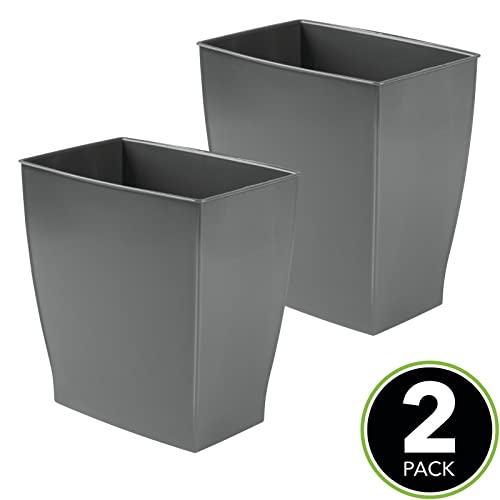 mDesign Plastic Rectangular Small 2 Gallon Trash Can - Wastebasket, Garbage Container Bin for Bathroom, Bedroom, Kitchen, Home Office, and Kids Room, Holds Waste, Recycling - 2 Pack - Charcoal Gray