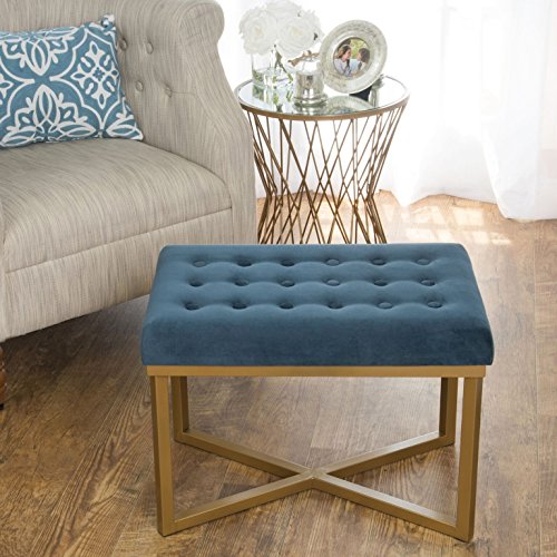 Homepop Home Decor | Upholstered Tufted Velvet Ottoman Bench | Ottoman Bench for Living Room & Bedroom, Blue, 24 x 16 x 17-1/2 inches high