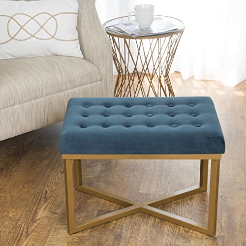 Homepop Home Decor | Upholstered Tufted Velvet Ottoman Bench | Ottoman Bench for Living Room & Bedroom, Blue, 24 x 16 x 17-1/2 inches high