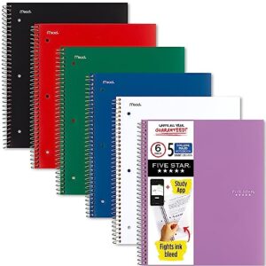 five star spiral notebook, 6 pack, 5-subject, college ruled paper, fights ink bleed, water resistant cover, 8-1/2" x 11", 200 sheets, color will vary (73793)