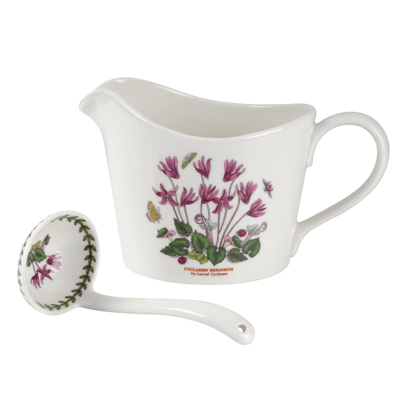 Portmeirion Botanic Garden Sauce Jug and Ladle | 2-Piece Set | Cyclamen Motif | 1-Pint Capacity | Made of Fine Porcelain | Dishwasher and Microwave Safe