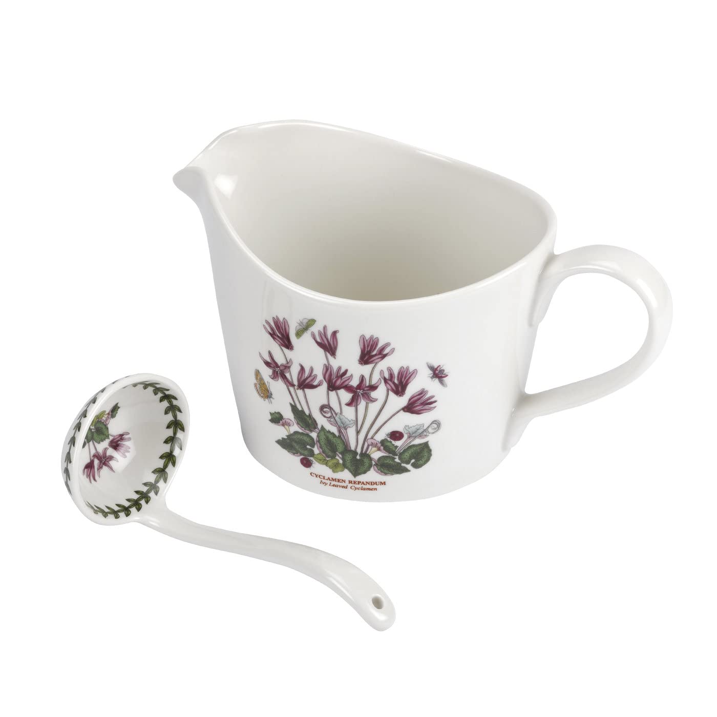 Portmeirion Botanic Garden Sauce Jug and Ladle | 2-Piece Set | Cyclamen Motif | 1-Pint Capacity | Made of Fine Porcelain | Dishwasher and Microwave Safe