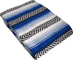 genuine mexican handwoven blanket, premium large heavyweight falsa blanket, serape & yoga blanket | beach blanket | throw blanket | picnic blanket(large heavy, royal blue and light blue)