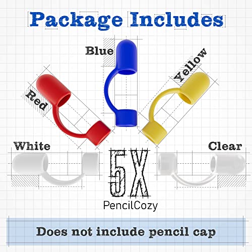 [5-Pack] PencilCozy for Apple iPencil Cap, Protective Pen Cover, Tether, Prevent Damage, Works with Apple iPad Pro Pencil (Blue, Red, Yellow, White, Clear)