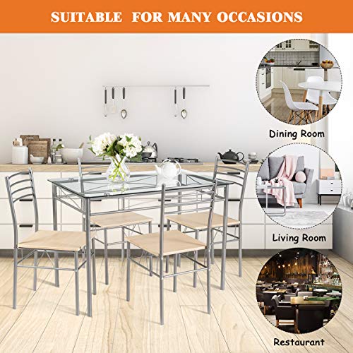 Giantex 5 Piece Dining Table Set, Kitchen Dining Set with Tempered Glass Table Top and 4 Chairs, Dinette Set for 4 for Breakfast Dining Room Kitchen