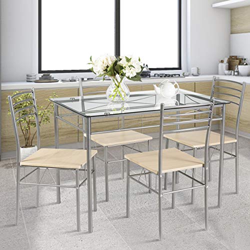 Giantex 5 Piece Dining Table Set, Kitchen Dining Set with Tempered Glass Table Top and 4 Chairs, Dinette Set for 4 for Breakfast Dining Room Kitchen